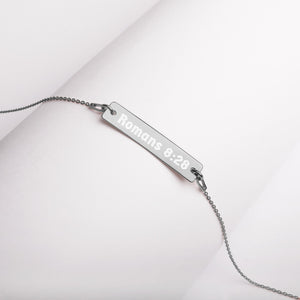 Romans 8:28 Engraved Silver Bar Chain Necklace